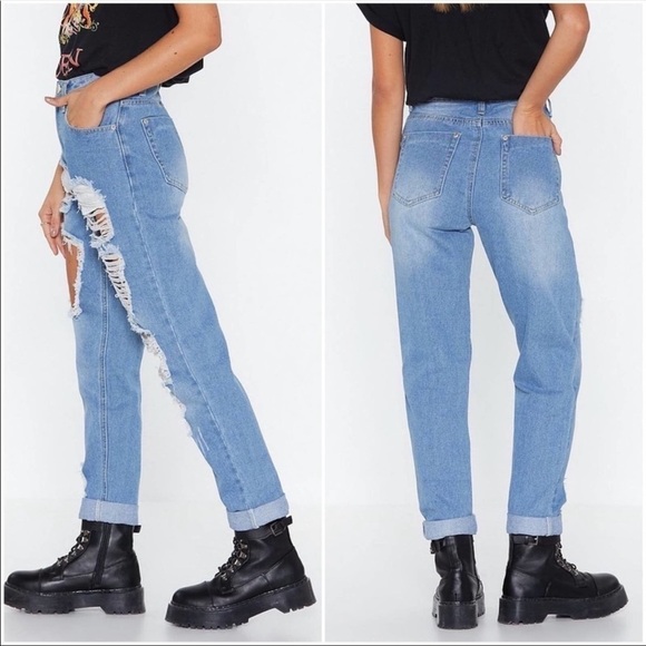NASTY GAL I GOT TROUBLE Distressed High Waisted Relaxed Jeans, Size 8 - Picture 5 of 14